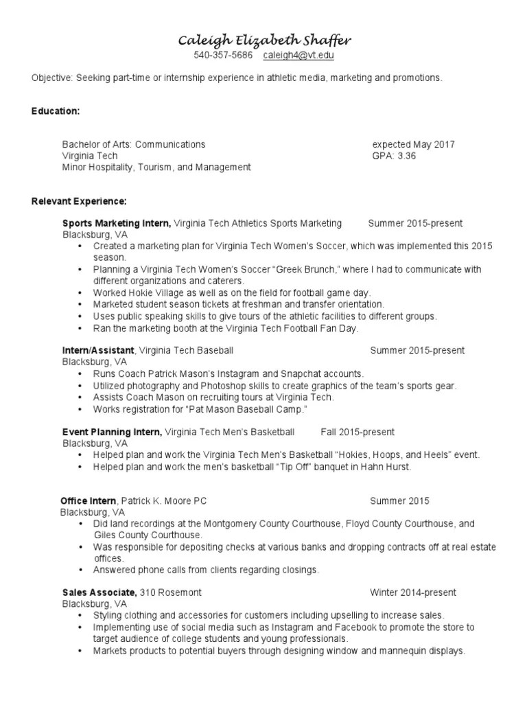 caleigh elizabeth shaffer resume Virginia Tech Virginia