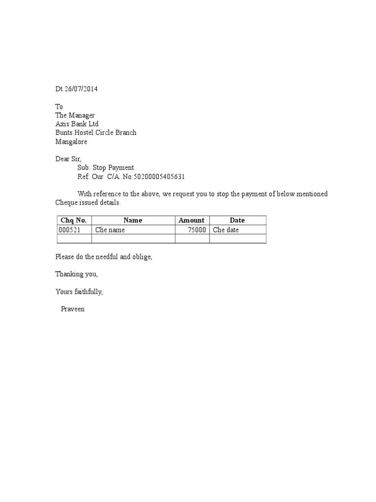 Stop Payment Letter PDF Cheque Economy Of India