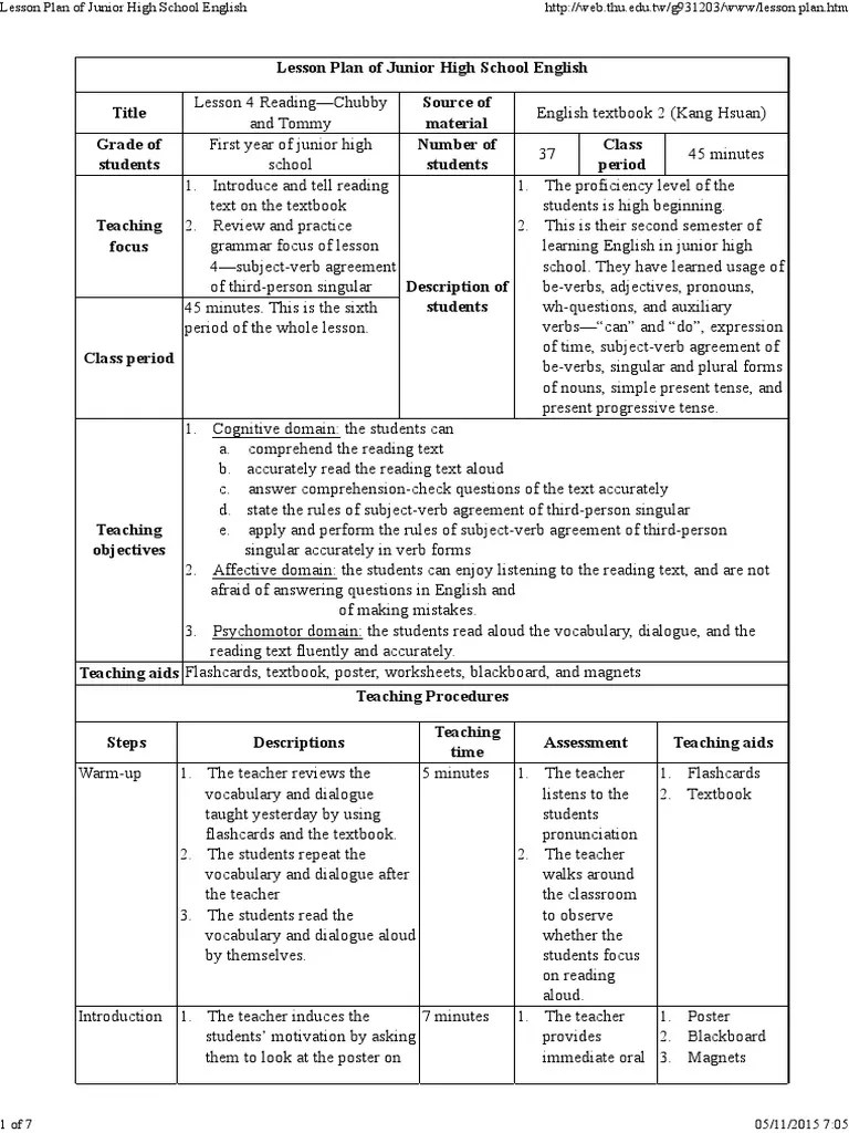 Lesson Plan of Junior High School English PDF Verb Question
