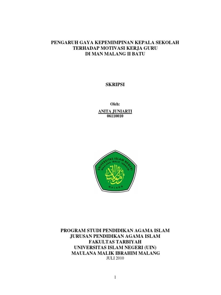 (Skripsi) Pengaruh Gaya Kepemimpinan Kepala Sekolah Terhadap Motivasi Kerja Guru | Pdf