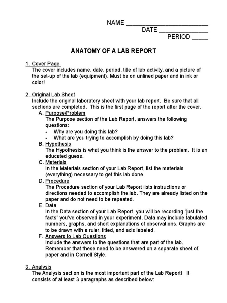 Anatomy of A Lab Report PDF Experiment Hypothesis