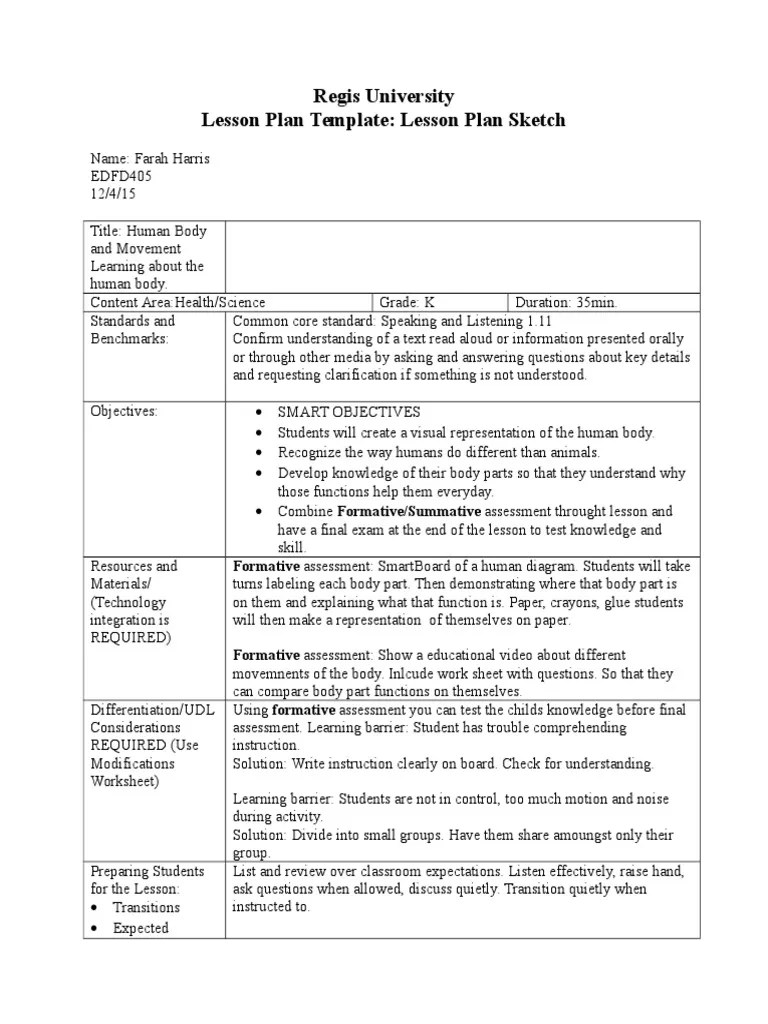 Regis Lesson Plan Template Edfd 405 PDF Educational Assessment Lesson Plan