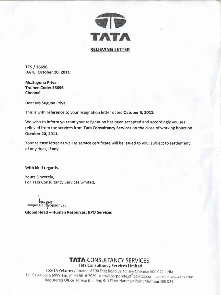 TCS Relieving Letter Computing And Information Technology Business