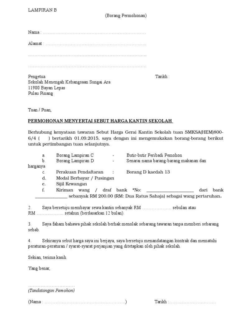 Contoh Surat Memohon Sebut Harga Hotl