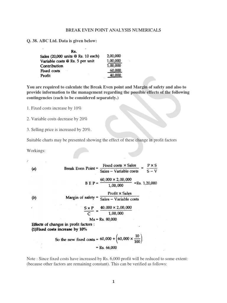 Break Even Point Analysis Numericals Download Free PDF Marketing
