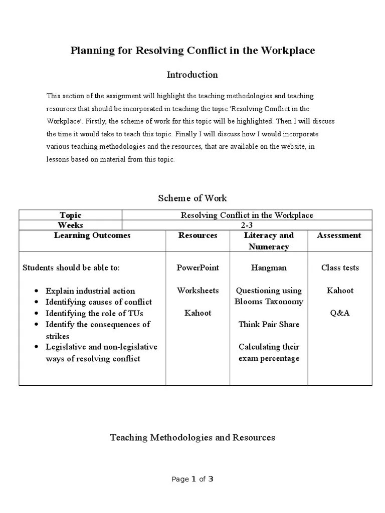 planning for resolving conflict in the workplace final draft