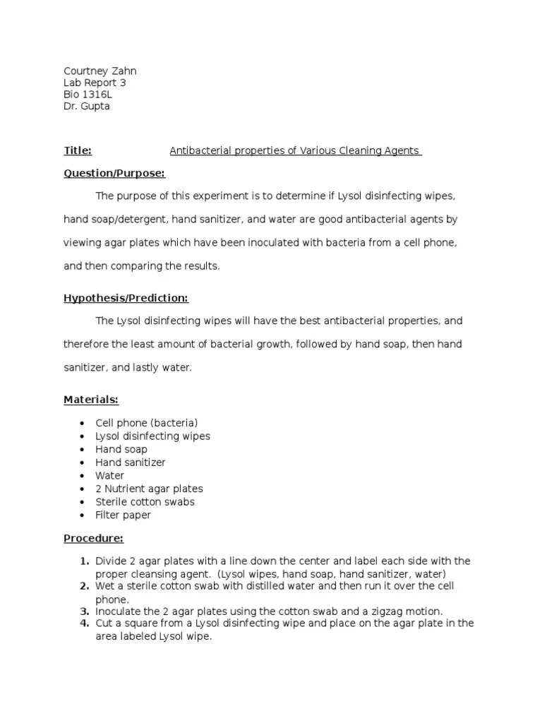 lab report 3 Disinfectant Bacteria
