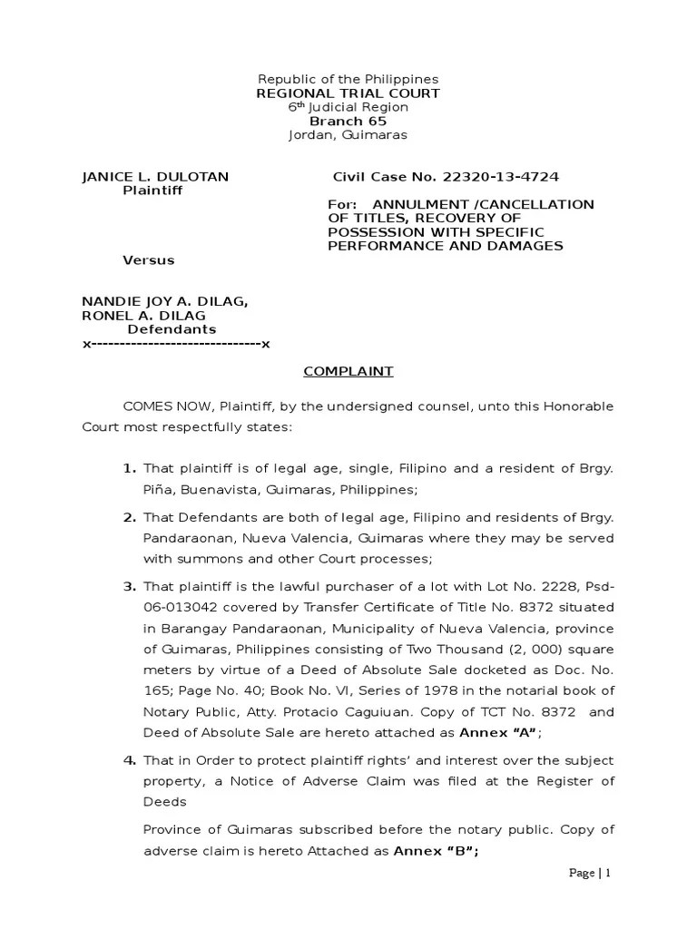 Annulment of Title Complaint Affidavit Lawsuit