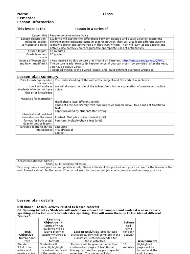 passive and active voice lesson plan Lesson Plan Educational Assessment