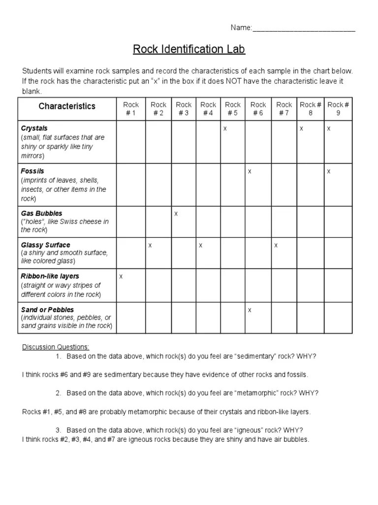 Rock Identification Lab Characteristics PDF