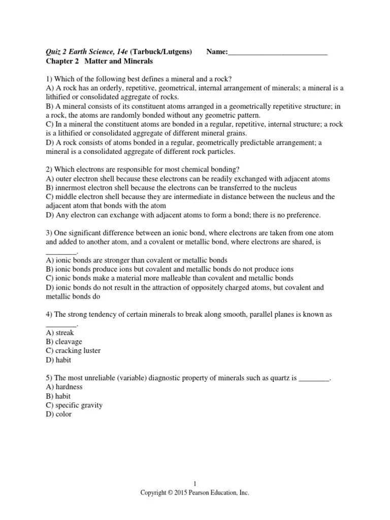 Earth Science Quiz Minerals Covalent Bond Free 30