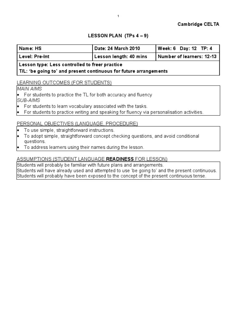 CELTA Lesson Plan PDF Fluency Lesson Plan