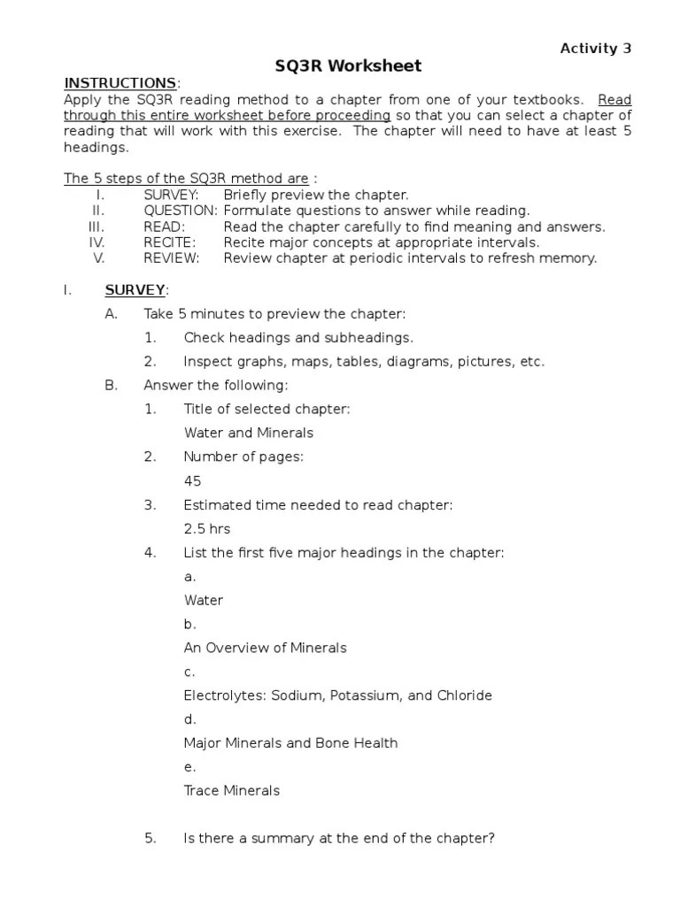 sq3r Worksheet PDF Bioavailability Osteoporosis