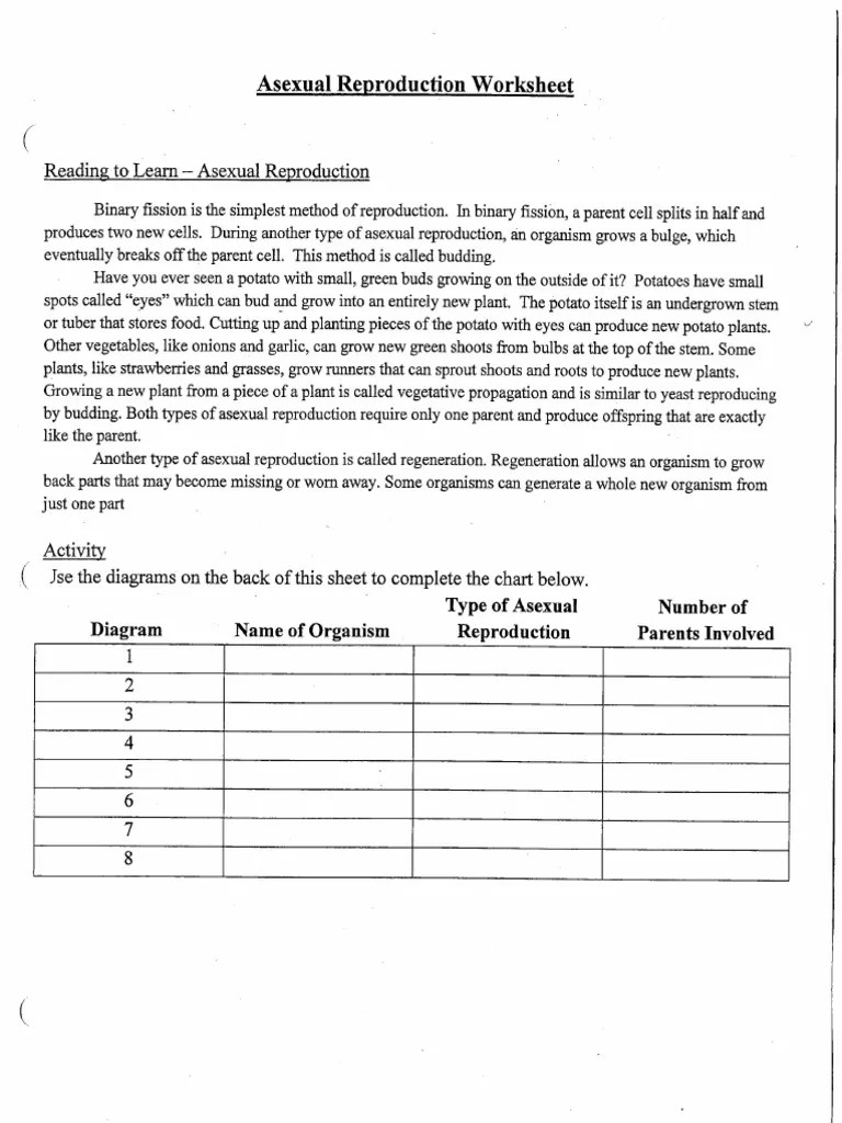 asexual reproduction worksheet Reproduction Biological Interactions
