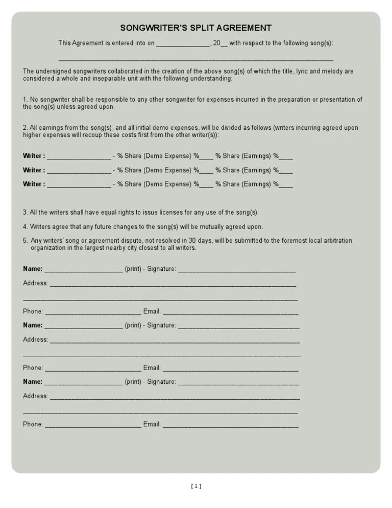 Songwriter Contract Template Songwriter Contract Template