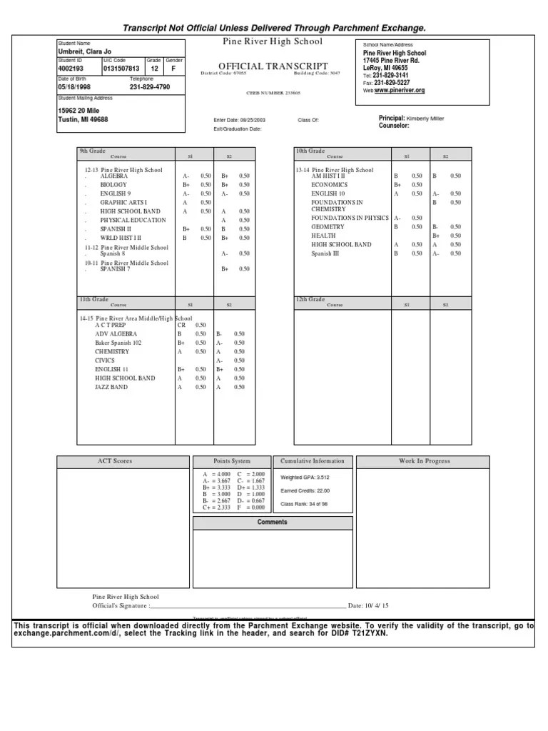 Transcript Not Official Unless Delivered Through Parchment Exchange PDF