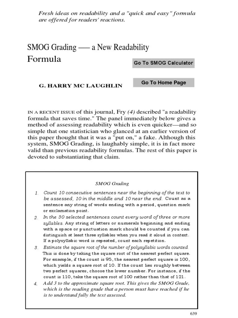 SMOG Readability Formula G. Harry McLaughlin (1969) Sentence