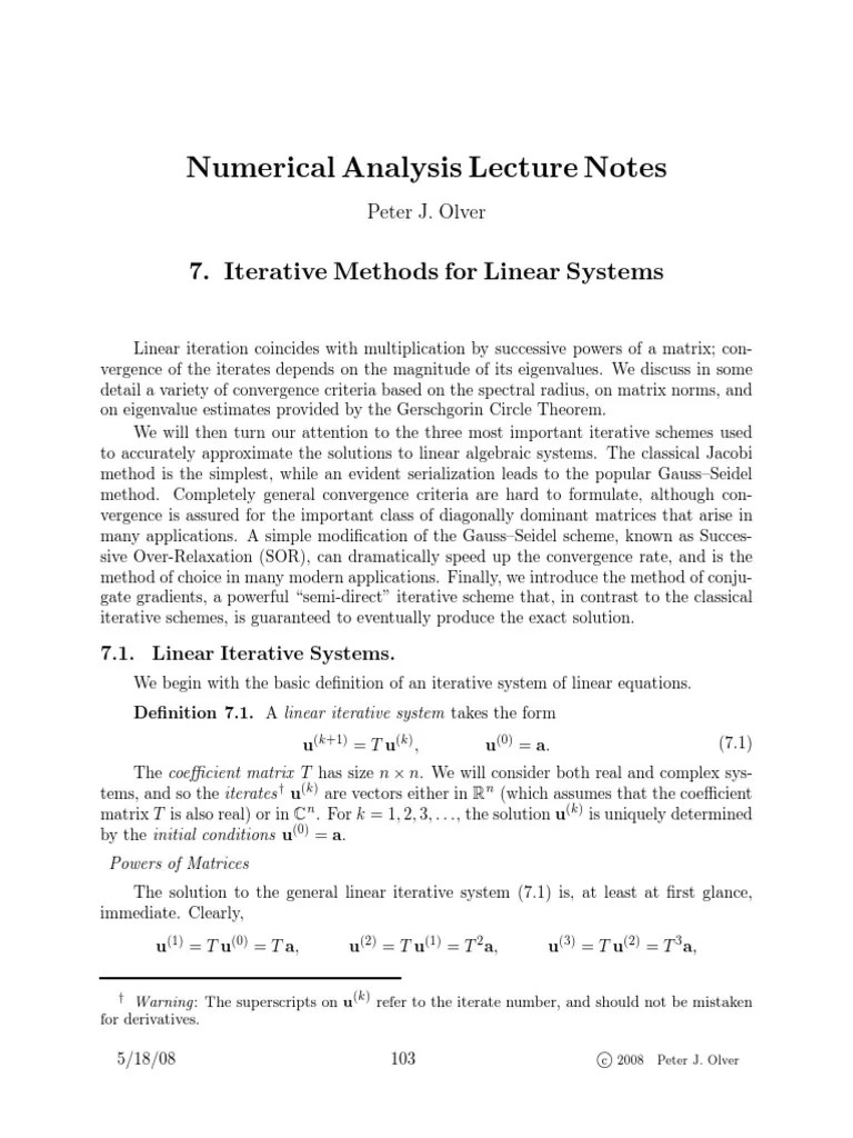 Numerical Analysis Lecture Notes 7. Iterative Methods For Linear