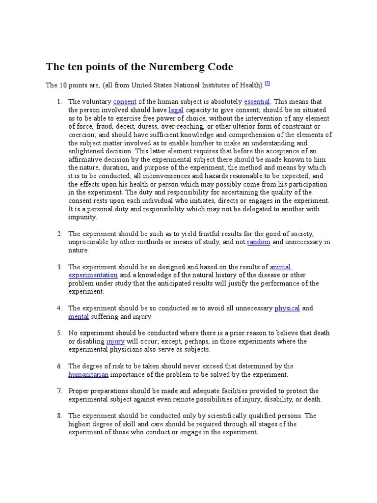 The Ten Points of the Nuremberg Code Consent Experiment