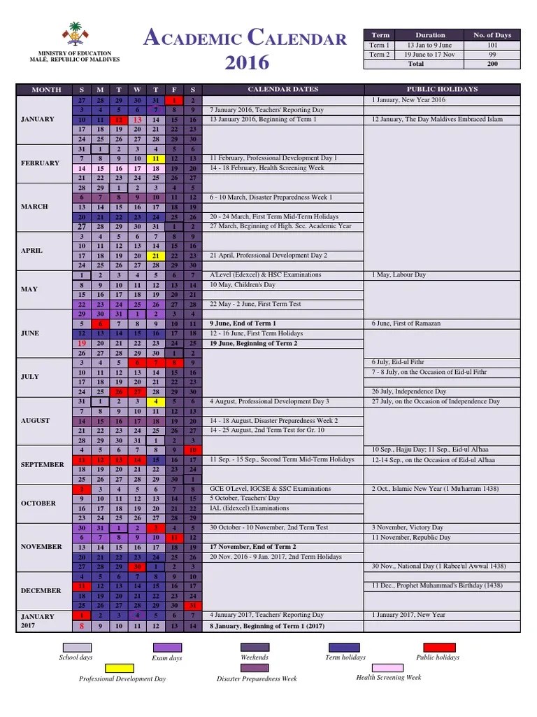 Maldives Academic Calendar 2016 [Final]