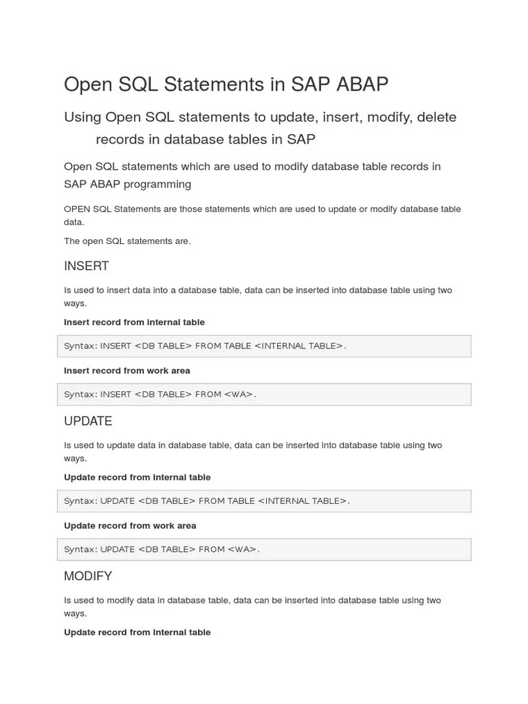 16Open SQL Statements in SAP ABAP Sql Databases