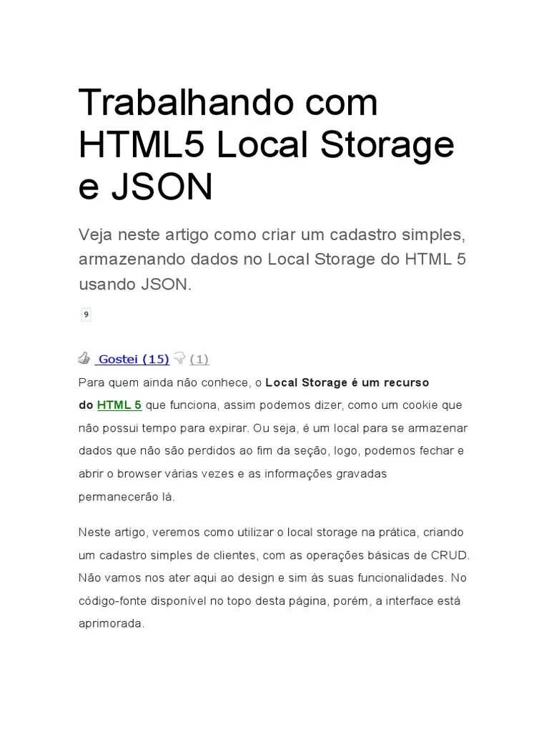 HTML5 Local Storage com JSON PDF Html5 Script Java