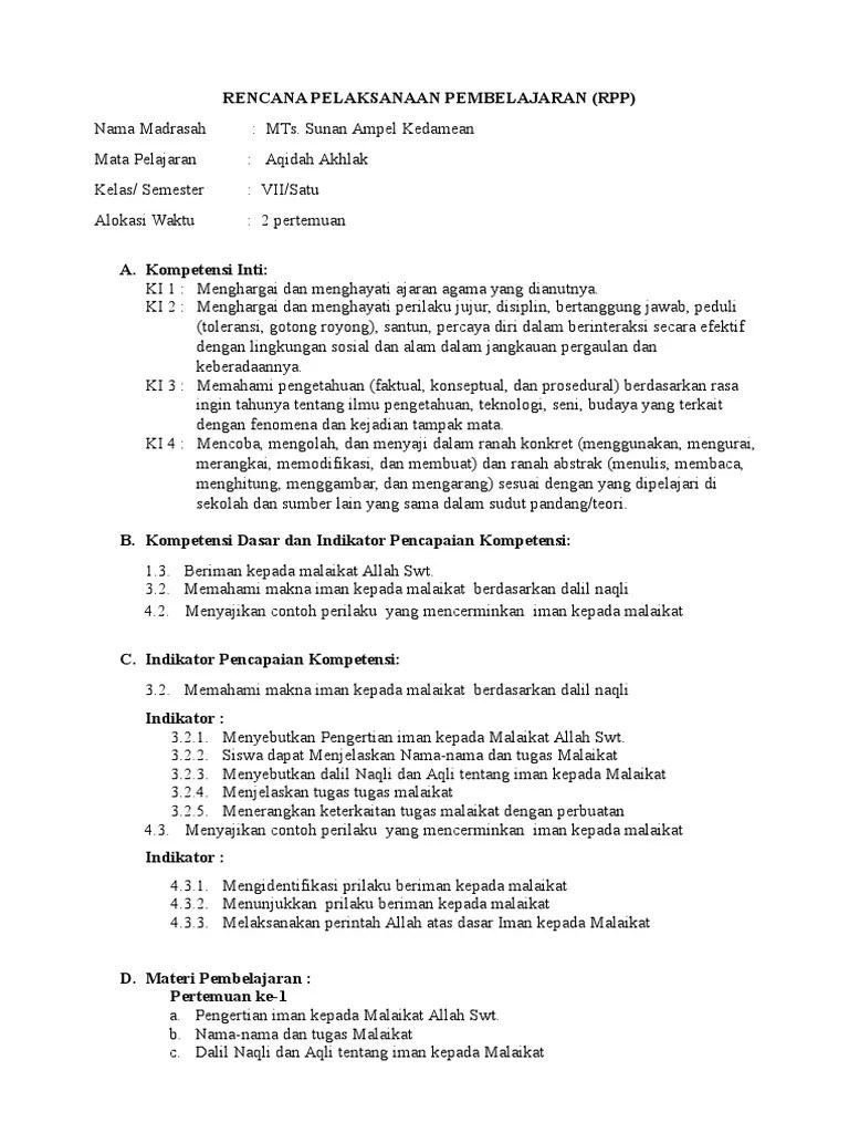 RPP Kls. VII Iman KPD Malaikat | PDF