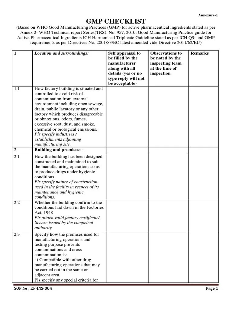 Basic GMP Checklist For Pharmaceutical Plants PDF Verification And