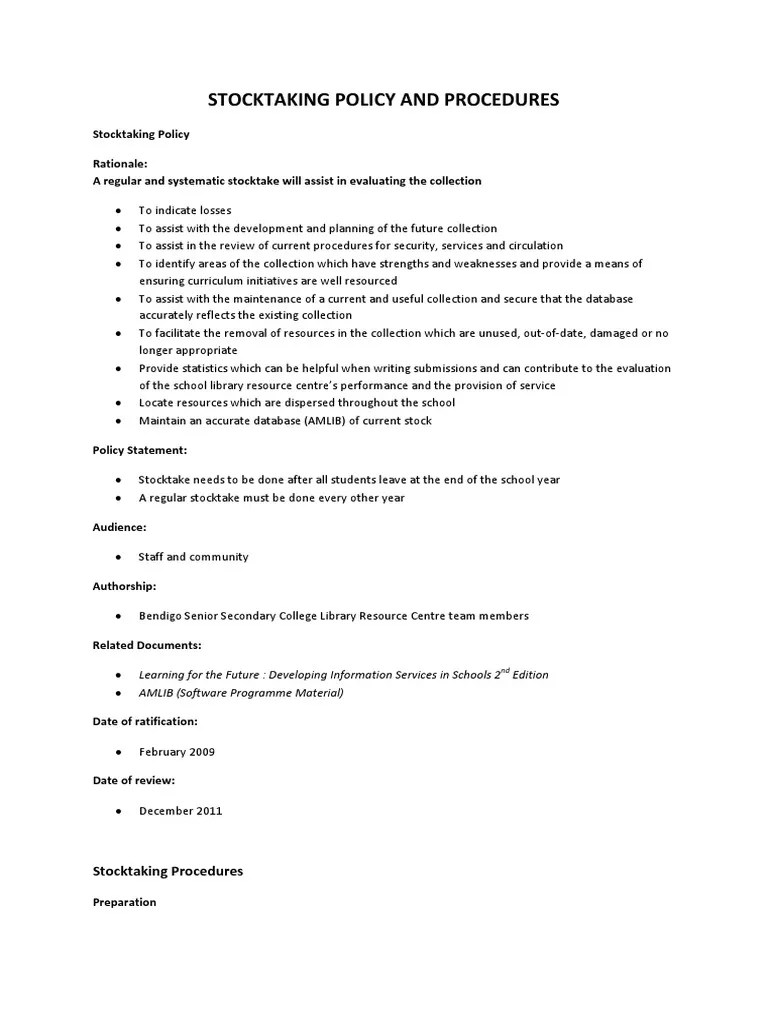 Stocktaking Policy and Procedures Libraries Databases