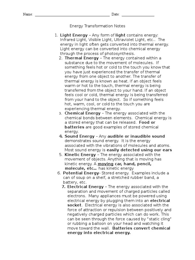 energy transformation notes Forms Of Energy Light