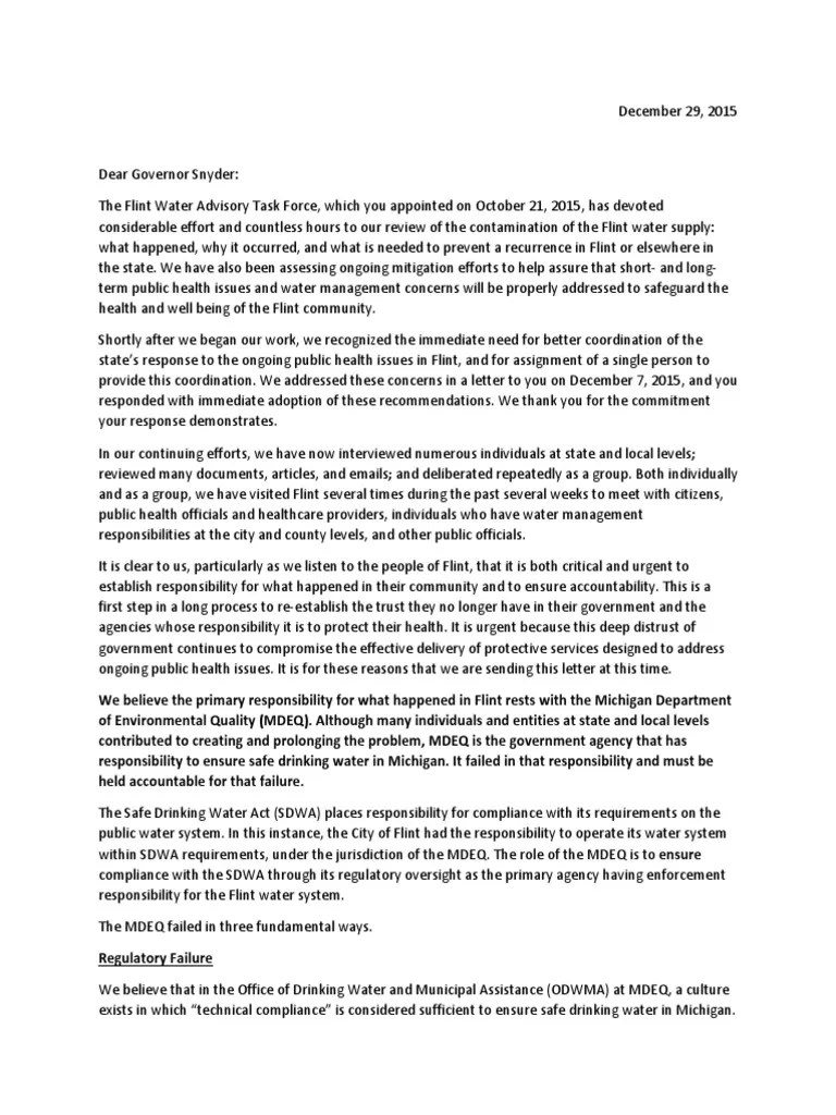 Flint Water Advisory Task Force letter to Gov. Rick Snyder Regulatory