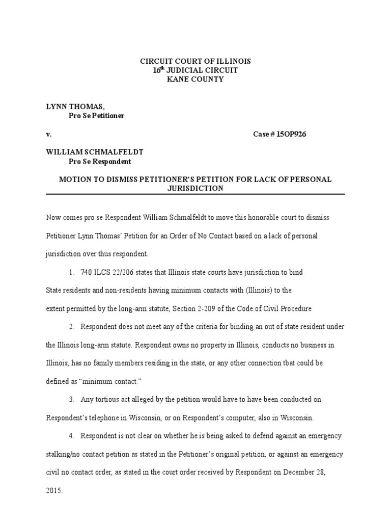 Motion to Dismiss for Lack of Jurisdiction Stalking Pro Se Legal