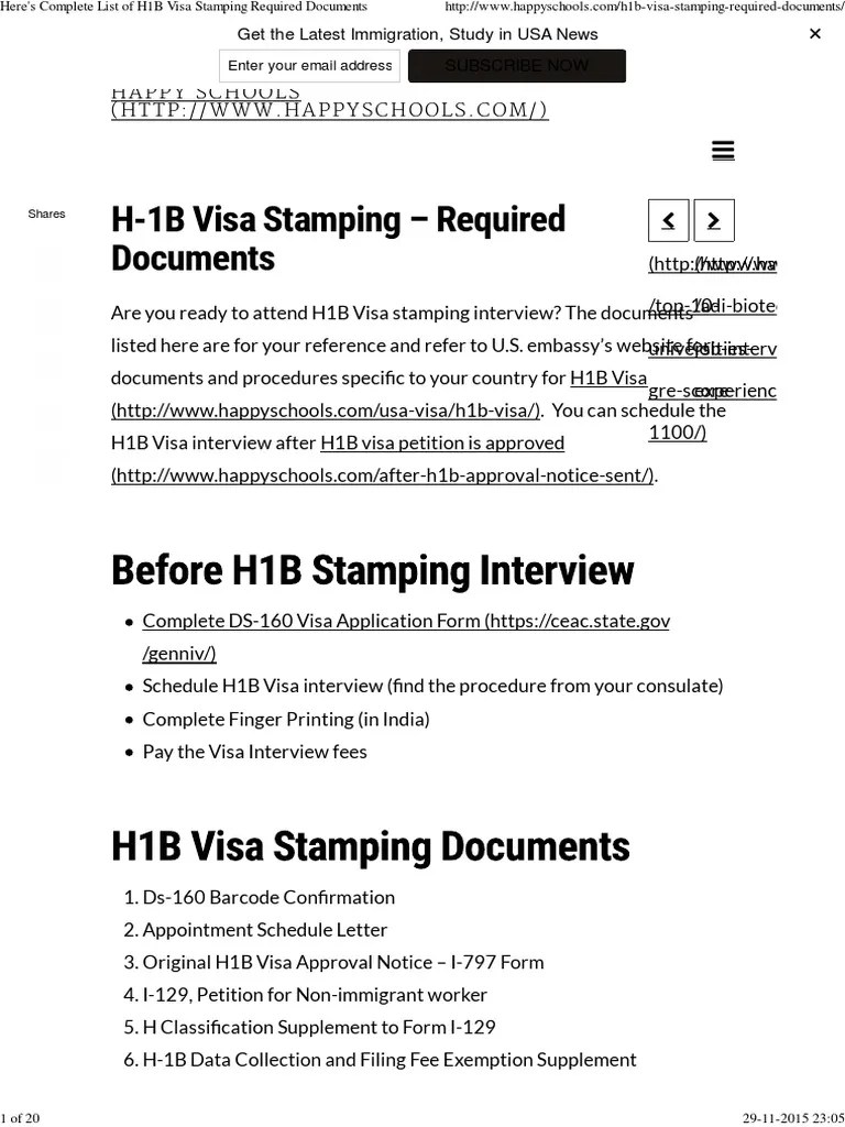 Here's Complete List of H1B Visa Stamping Required Documents PDF H 1 B Visa Travel Visa