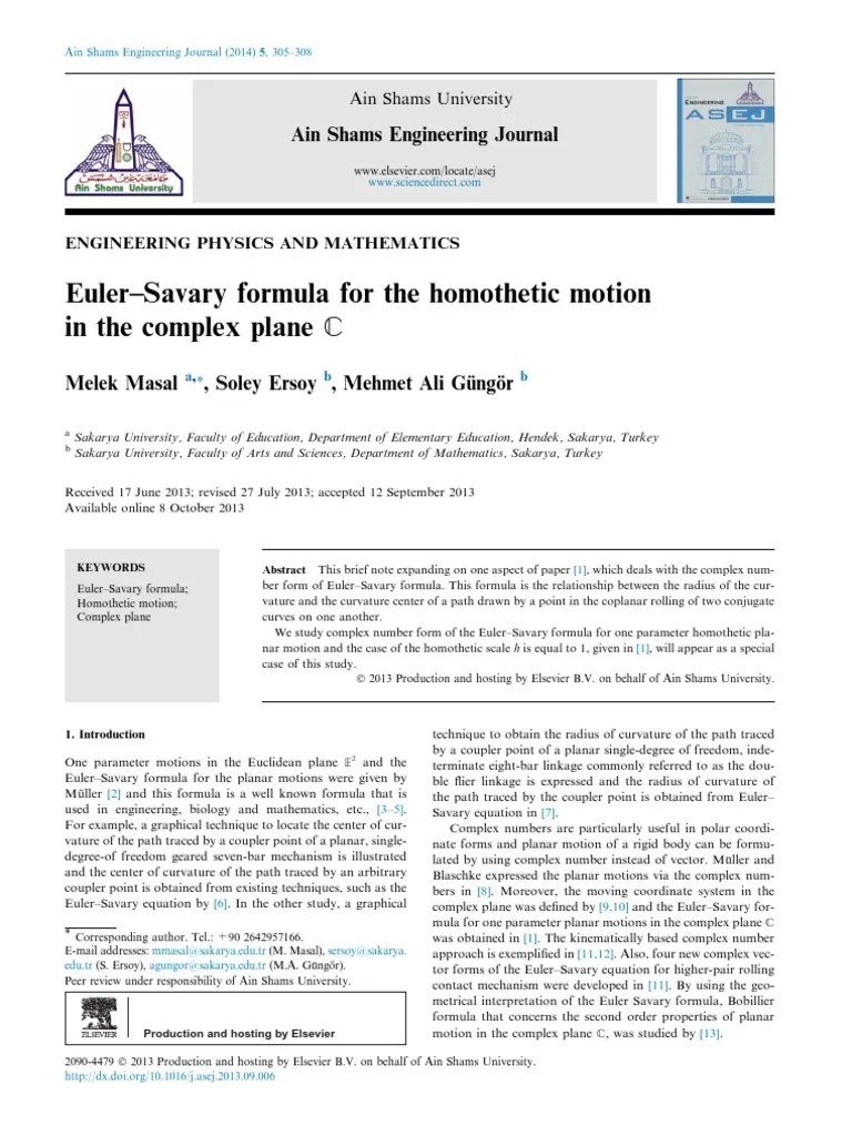 Euler Savary Equation For Kinematic Synthesis PDF Curvature Plane