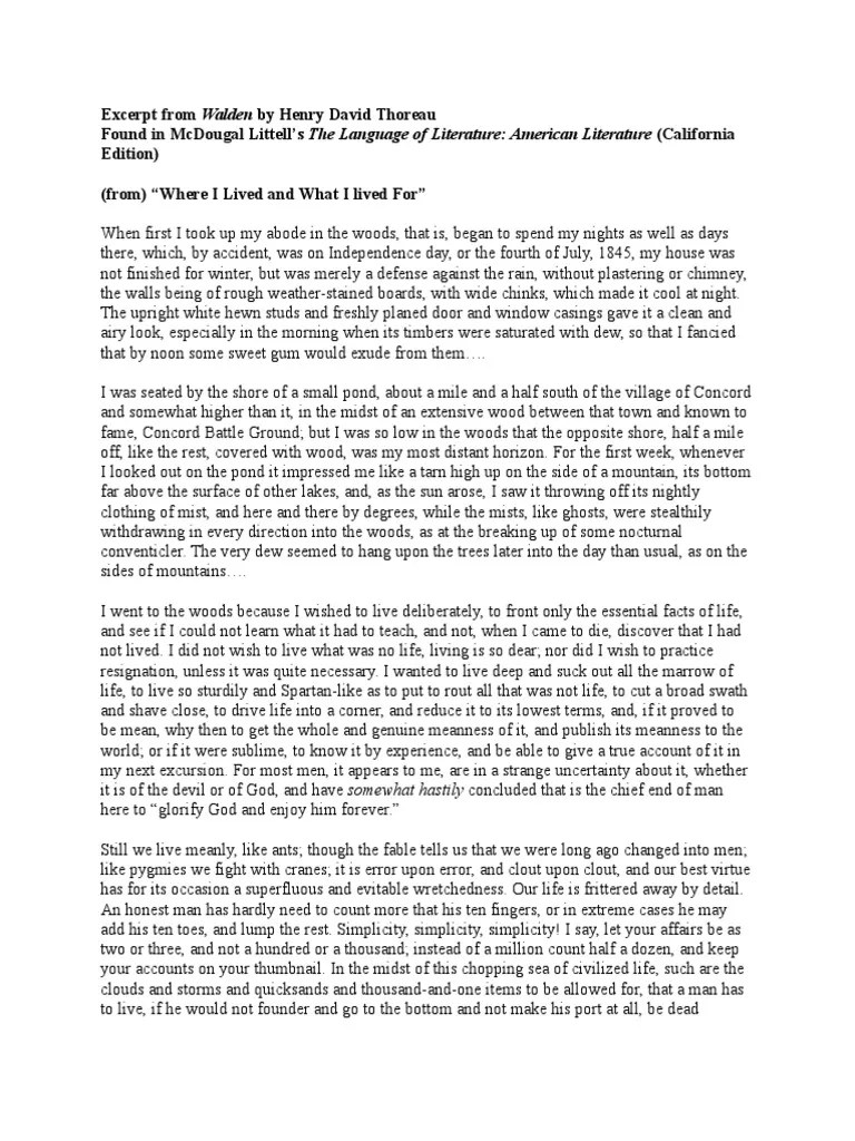 Walden Excerpt PDF Nature