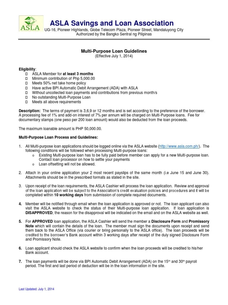 Multi Purpose Loan Guidelines Effective 20140701 Loans Payments
