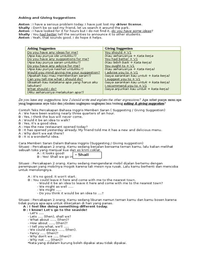 Contoh Kalimat Giving Suggestion Beserta Artinya – Berbagai Contoh