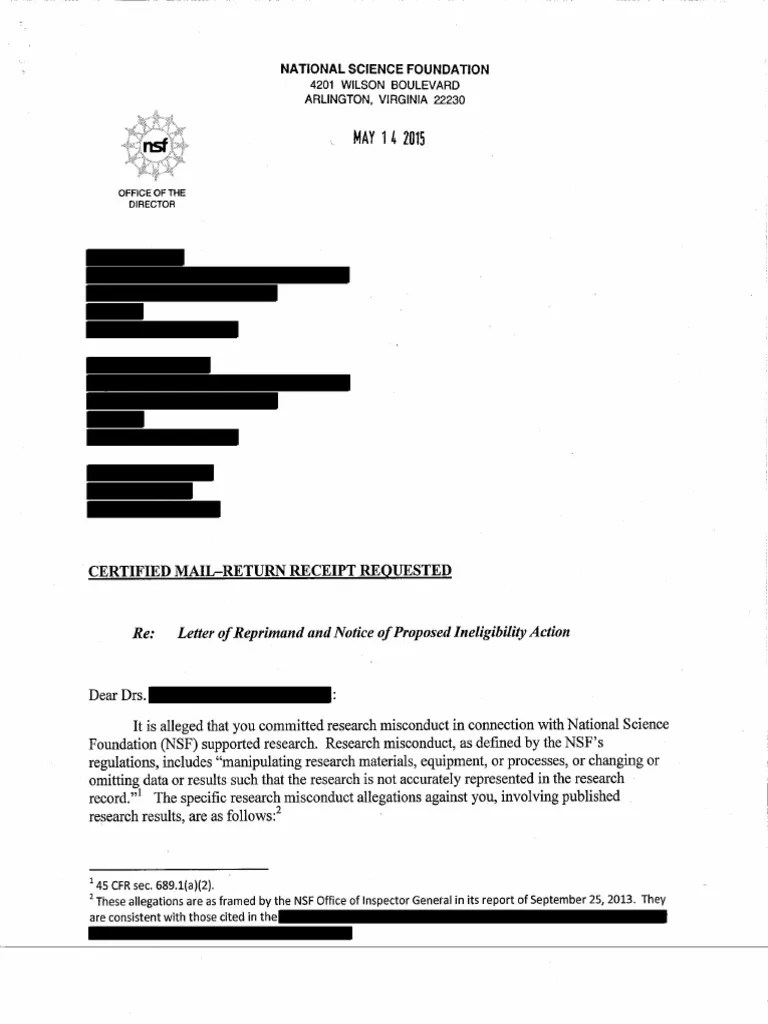 NSF Letter of Reprimand National Science Foundation Recklessness (Law)