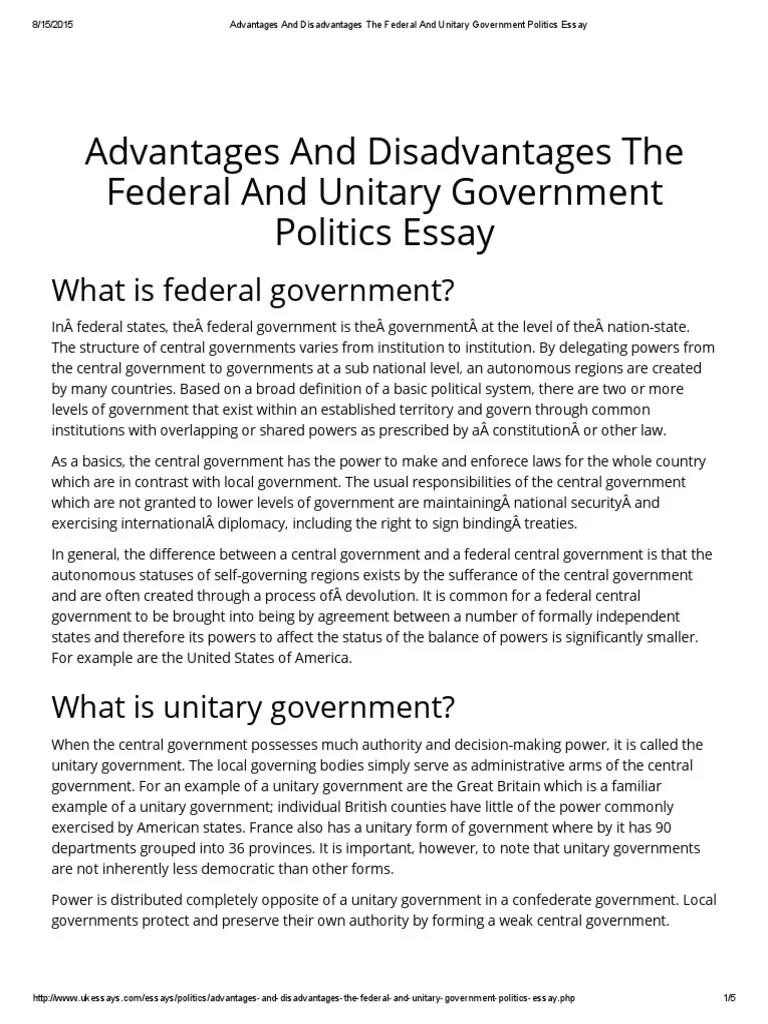 Advantages And Disadvantages The Federal And Unitary Government