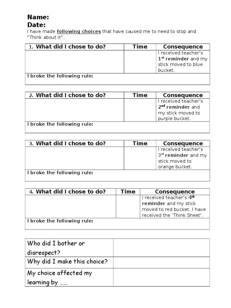 Behaviour Think Sheet PDF Pedagogy Learning