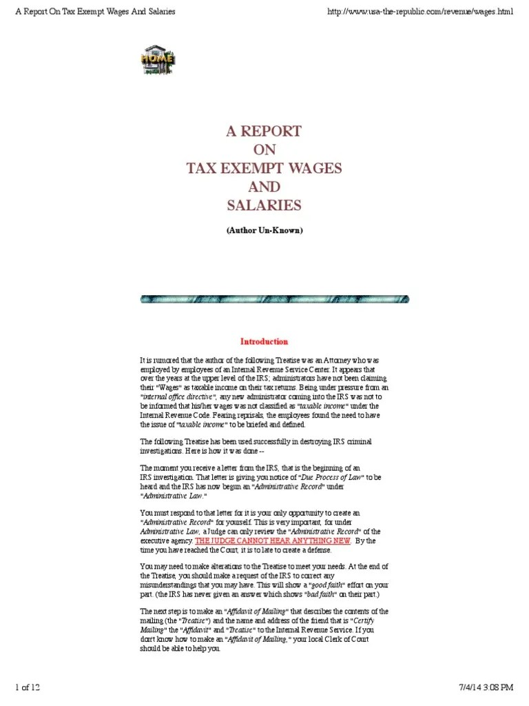 Report On Tax Exempt Wages and Salaries PDF Internal Revenue Service Taxes