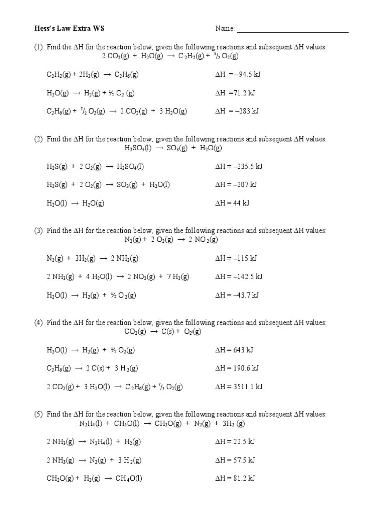 enthalpy worksheet with answers