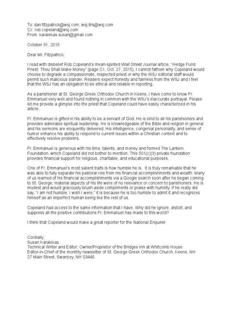 St Letter to WSJ editor 31 OCT 2015 The Wall Street Journal