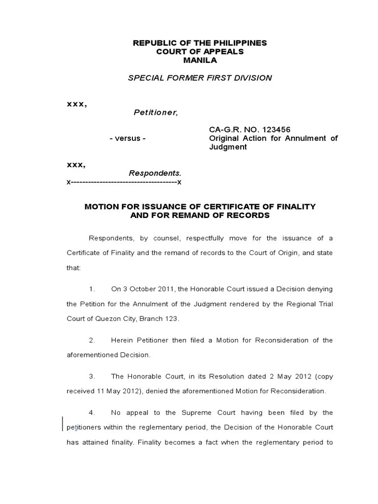 Motion for Certificate of Finality Remand (Court Procedure