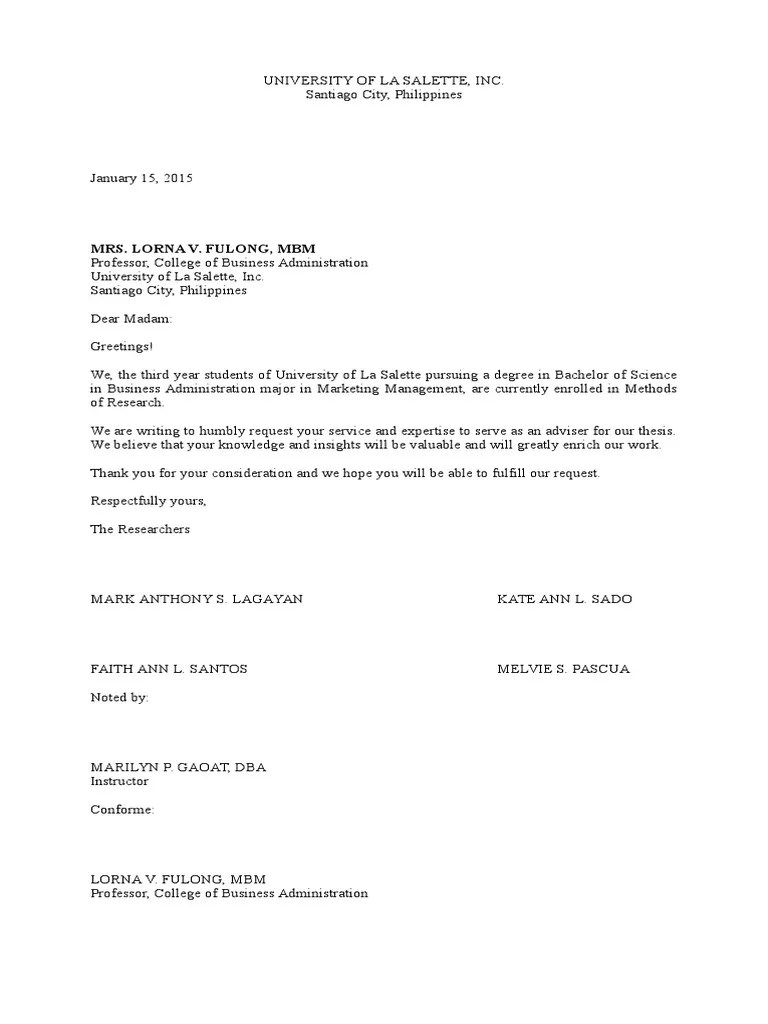 Sample Request Letter for Thesis Adviser Academia Educational