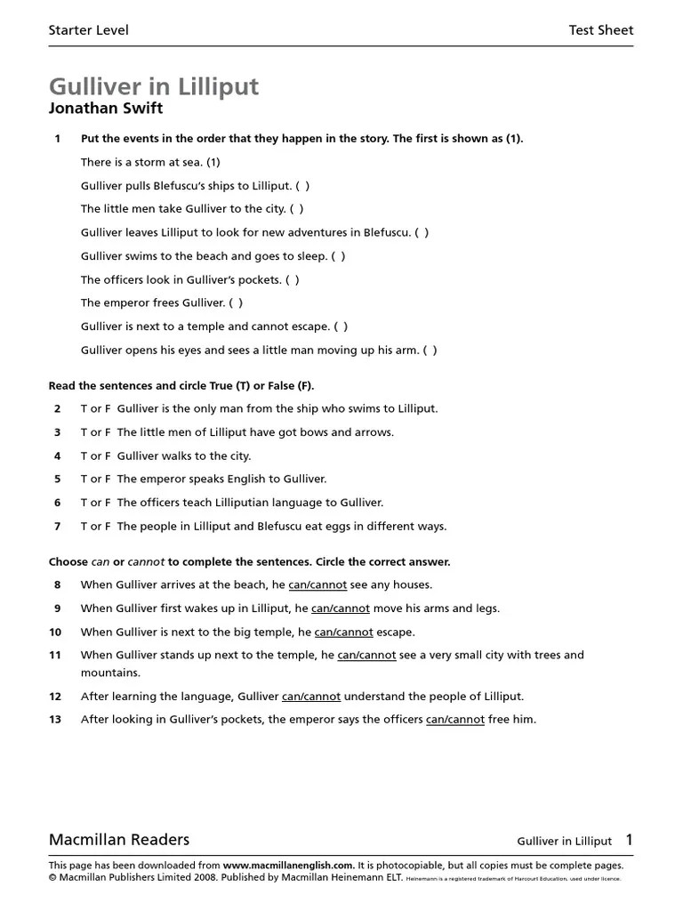 Gullivers Travels Test Sheet PDF Leisure