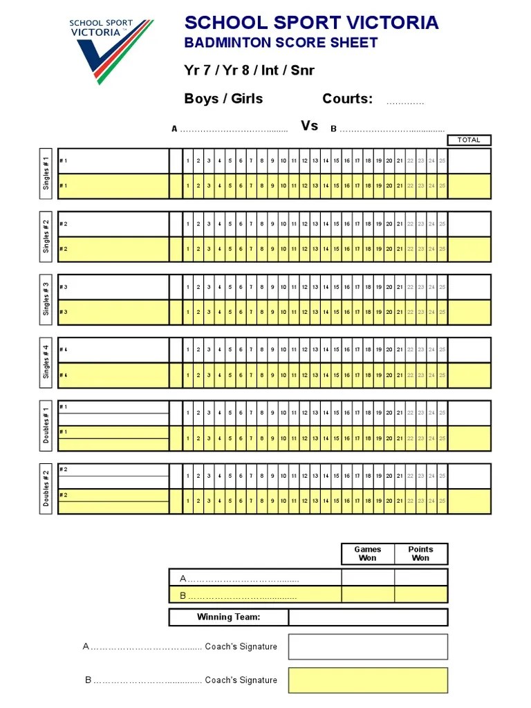 Badminton Score Sheet PDF