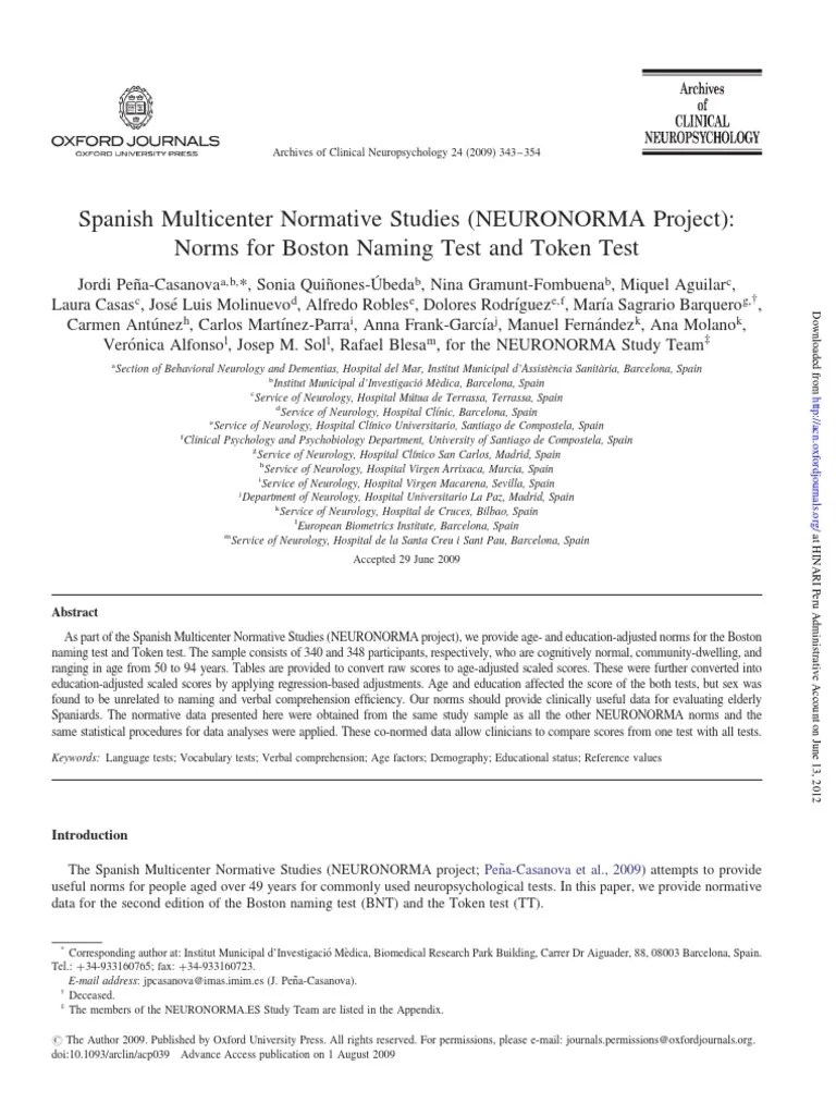 Norms For Boston Naming Test and Token Test Cognition Neuropsychology
