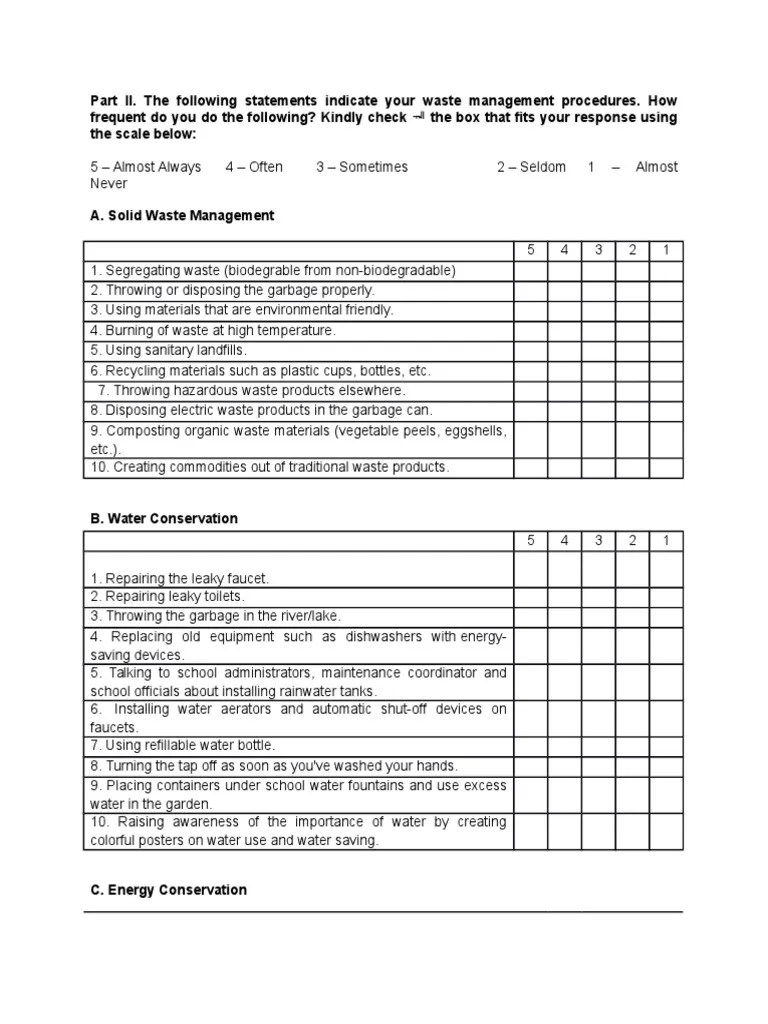 Part II Survey Questionnaire PDF Waste Management Waste
