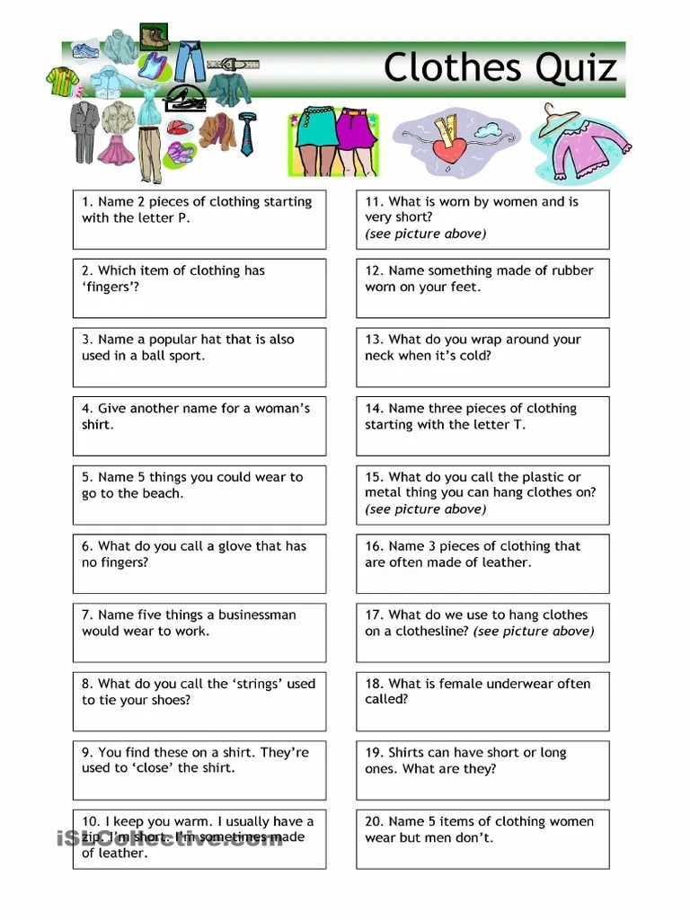Clothes Quiz PDF Clothing